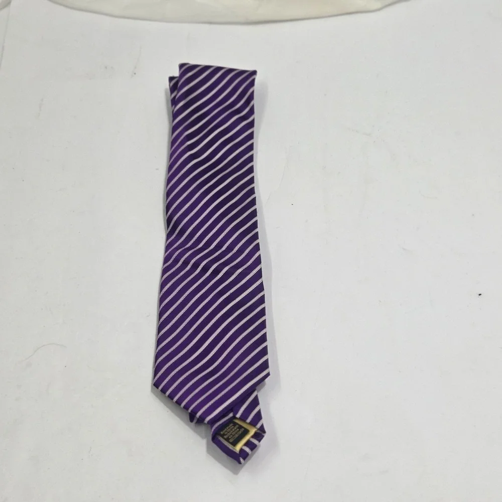 Donald J Trump‎ Signature Collection Silk Tie Mens Purple White Striped Gold Bar